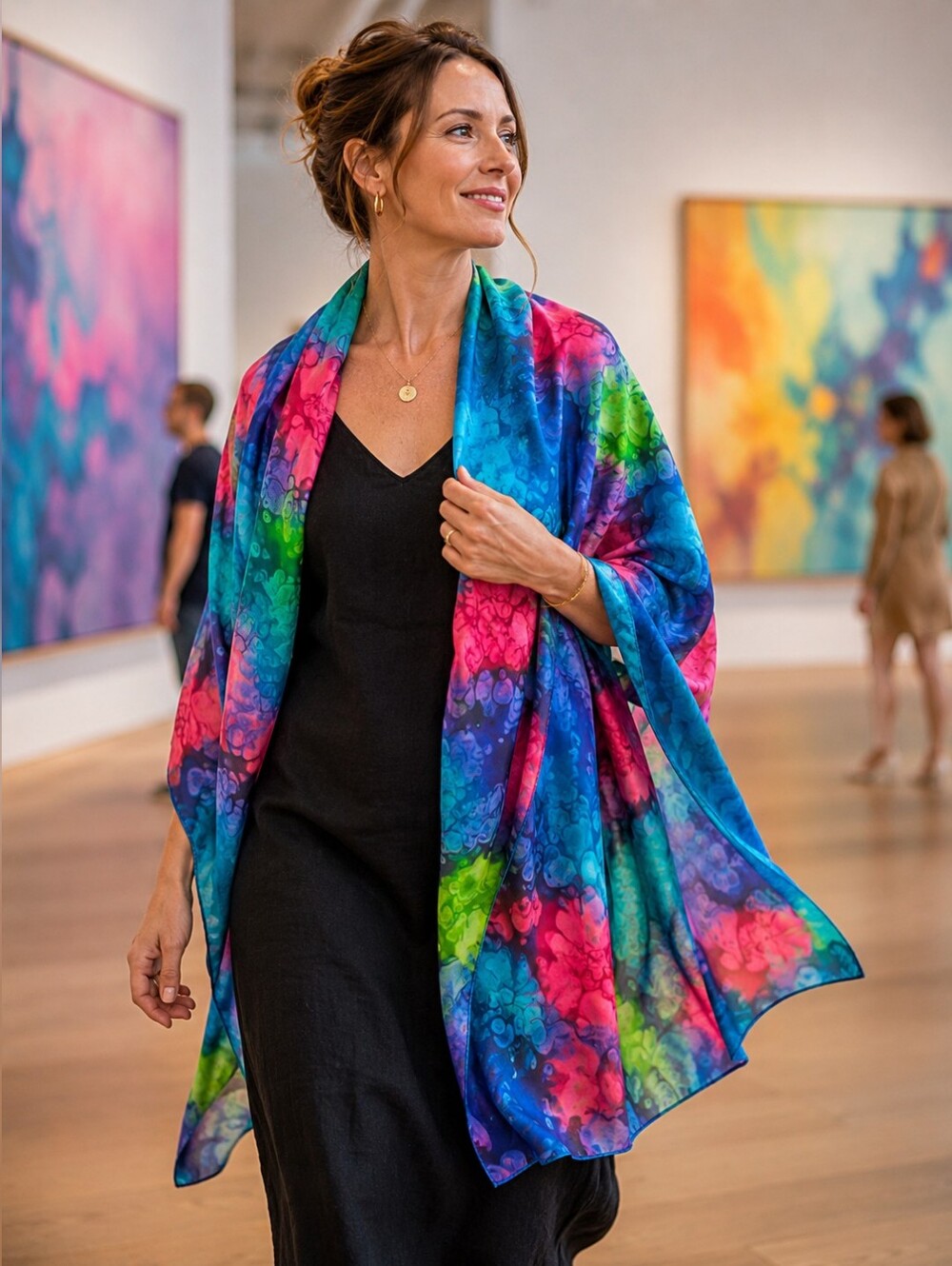 Abstract Multicolor Pure Silk Scarf Wearable Art Blue Pink Green Square Scarf